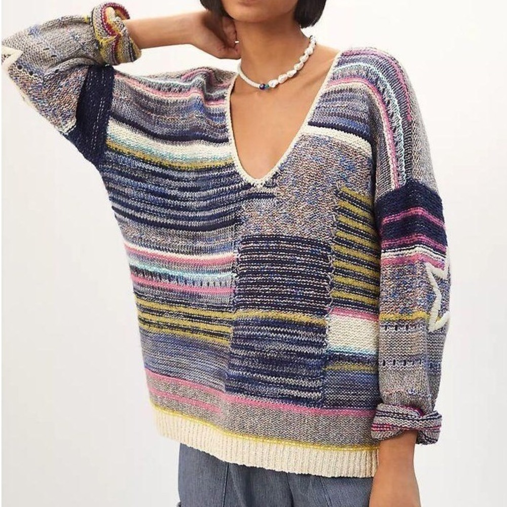 Anthropologie Pilcro Sweater Womens Small Multicolor Patchwork Star V-Neck Knit